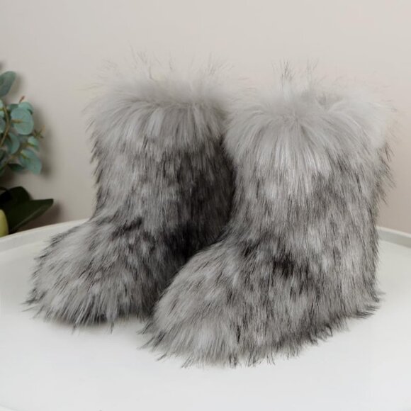⚡Women's Grey Faux Fur Warm Boot Furry Short Snow Boot Mid Calf Boots - Picture 4 of 6